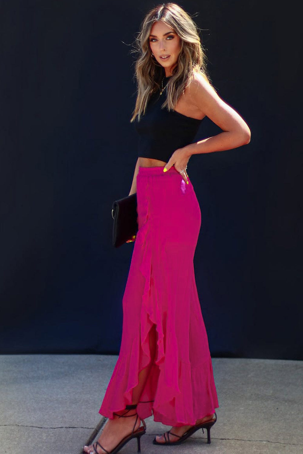 Rose Ruffle Slit High Waist Wide Leg Pants