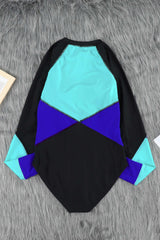 Blue Color Block Zipper Long Sleeve Rash Guard Swimwear