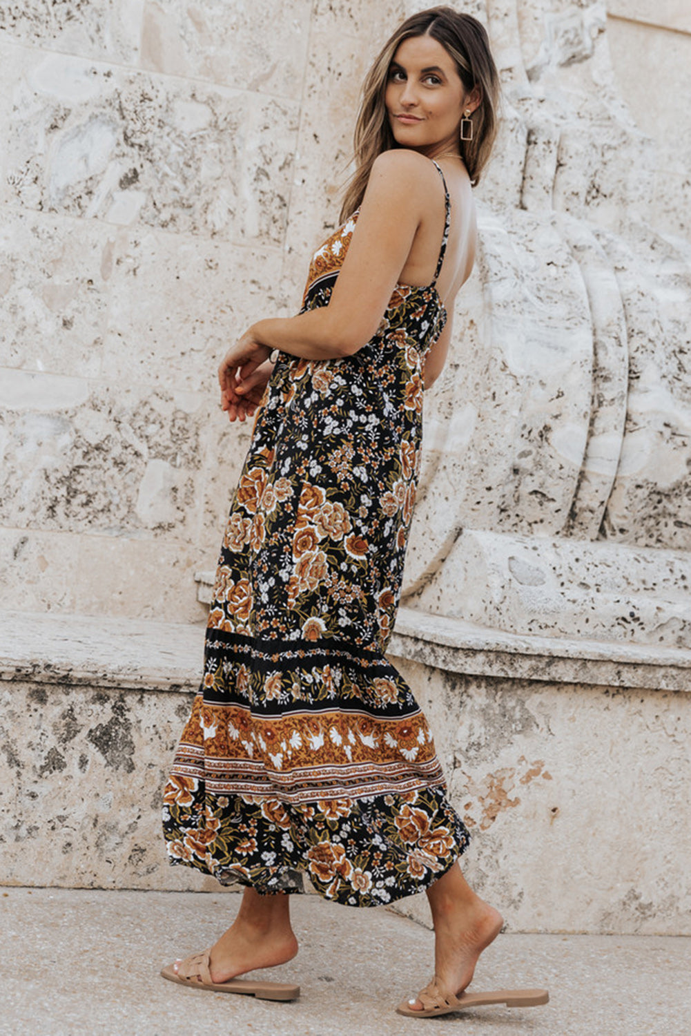 Black Retro Boho Floral Tassel Tie Maxi Dress