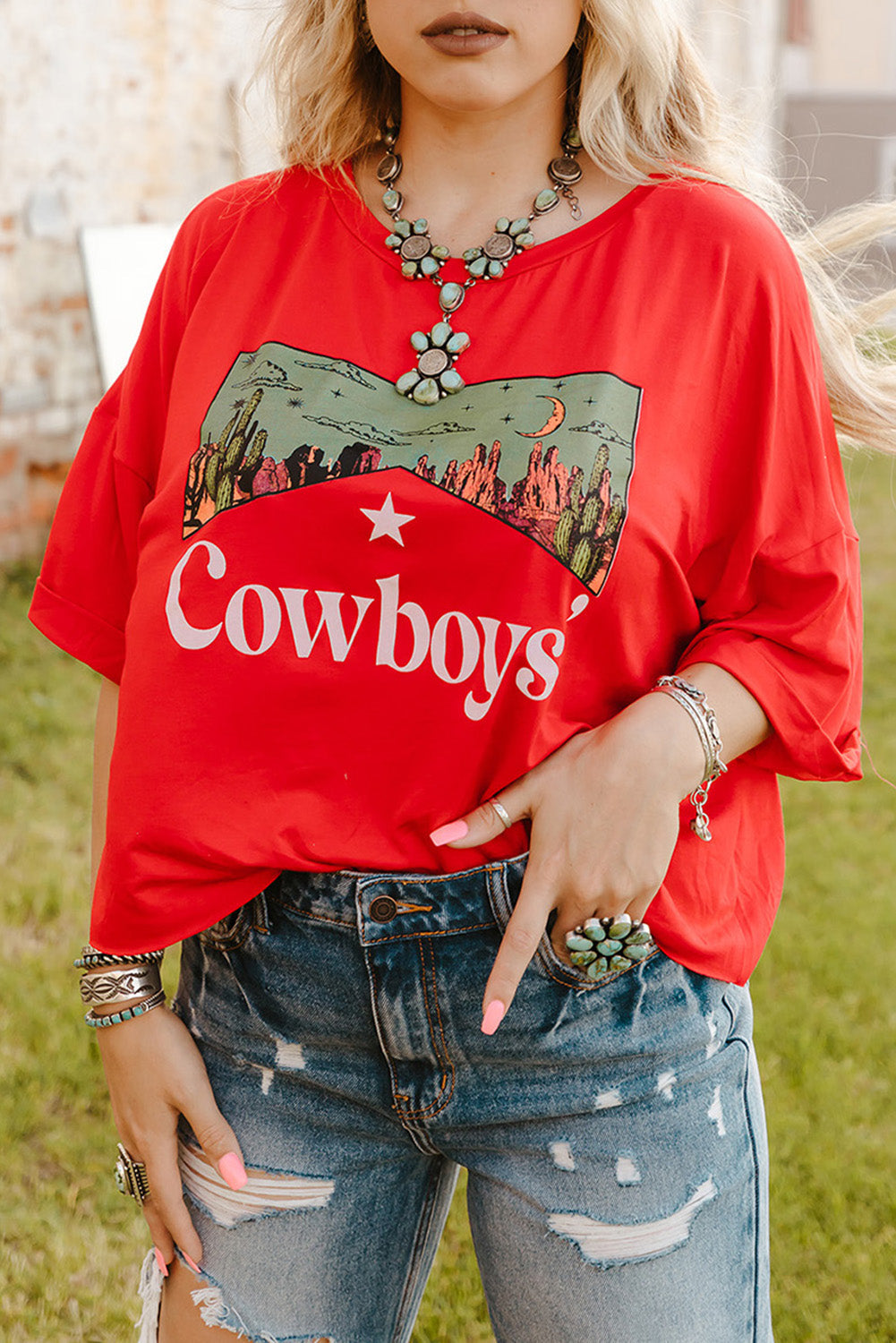 Red Cowboys Graphic Crew Neck Short Sleeve Tops