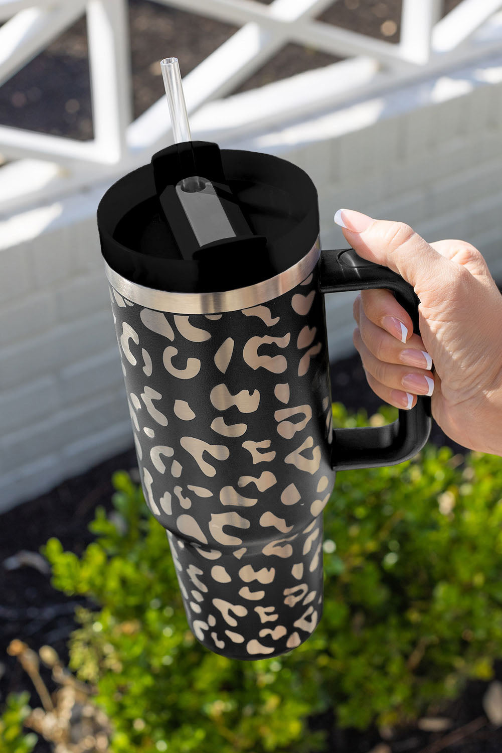 White Leopard Print 40OZ Stainless Steel Portable Cup with Handle