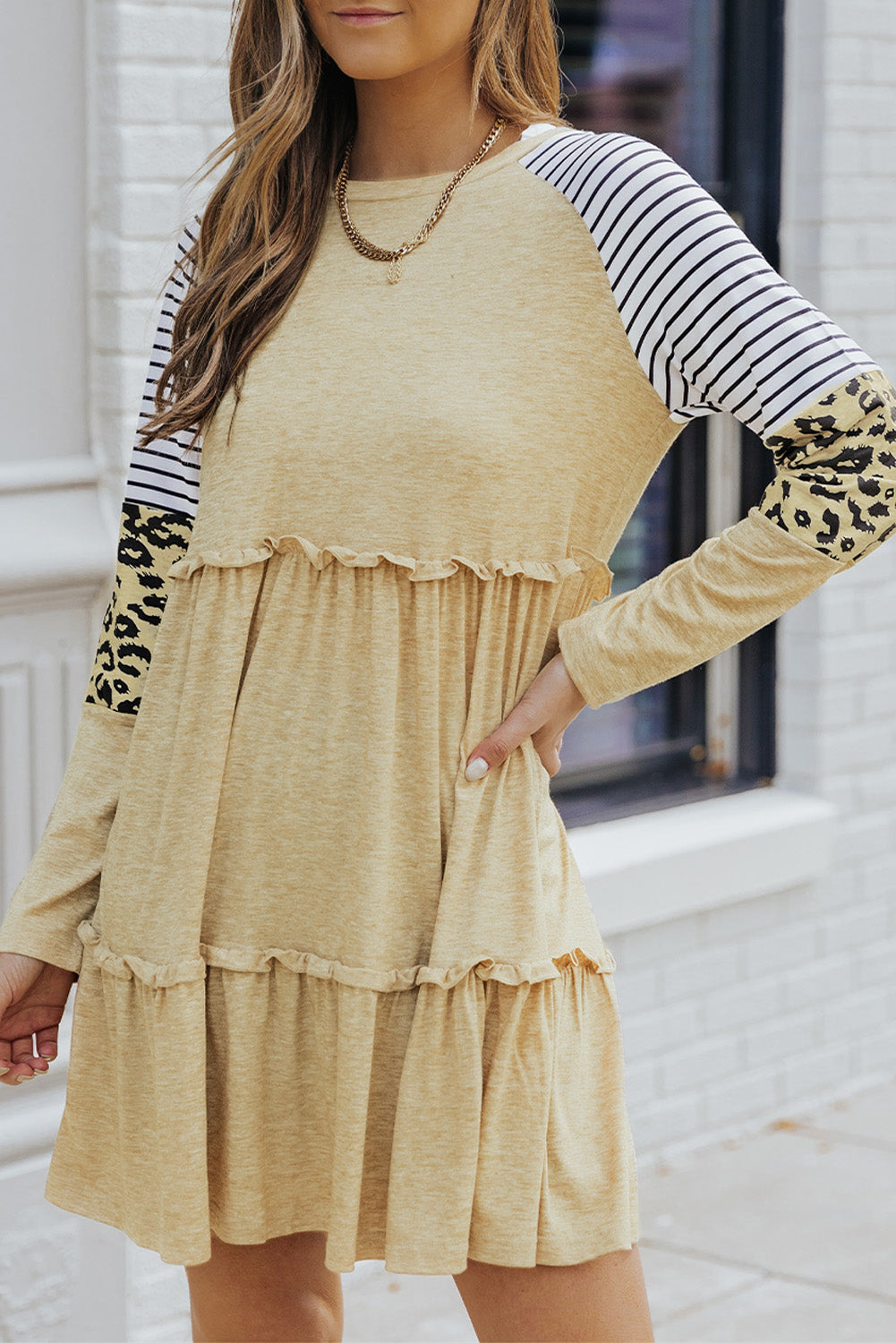 Black Striped Leopard Patchwork Long Sleeve Mini Dress