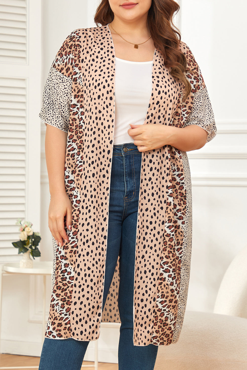 Plus Size Leopard Color Block Flowy Kimono