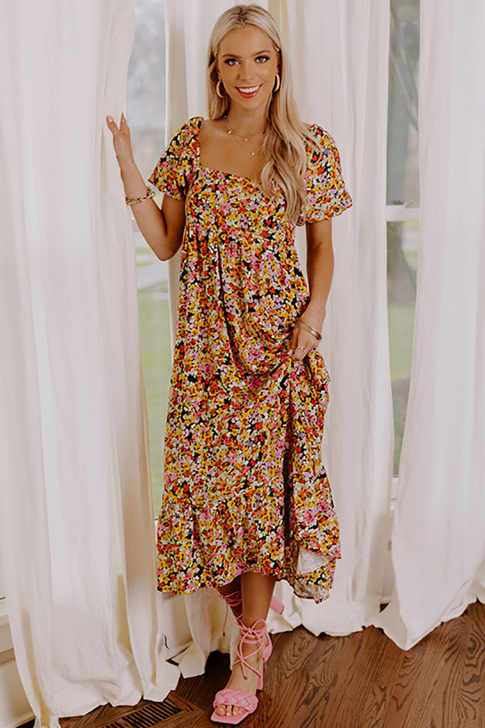 Yellow Puff Sleeve Square Neck Open Back Floral Midi Dress