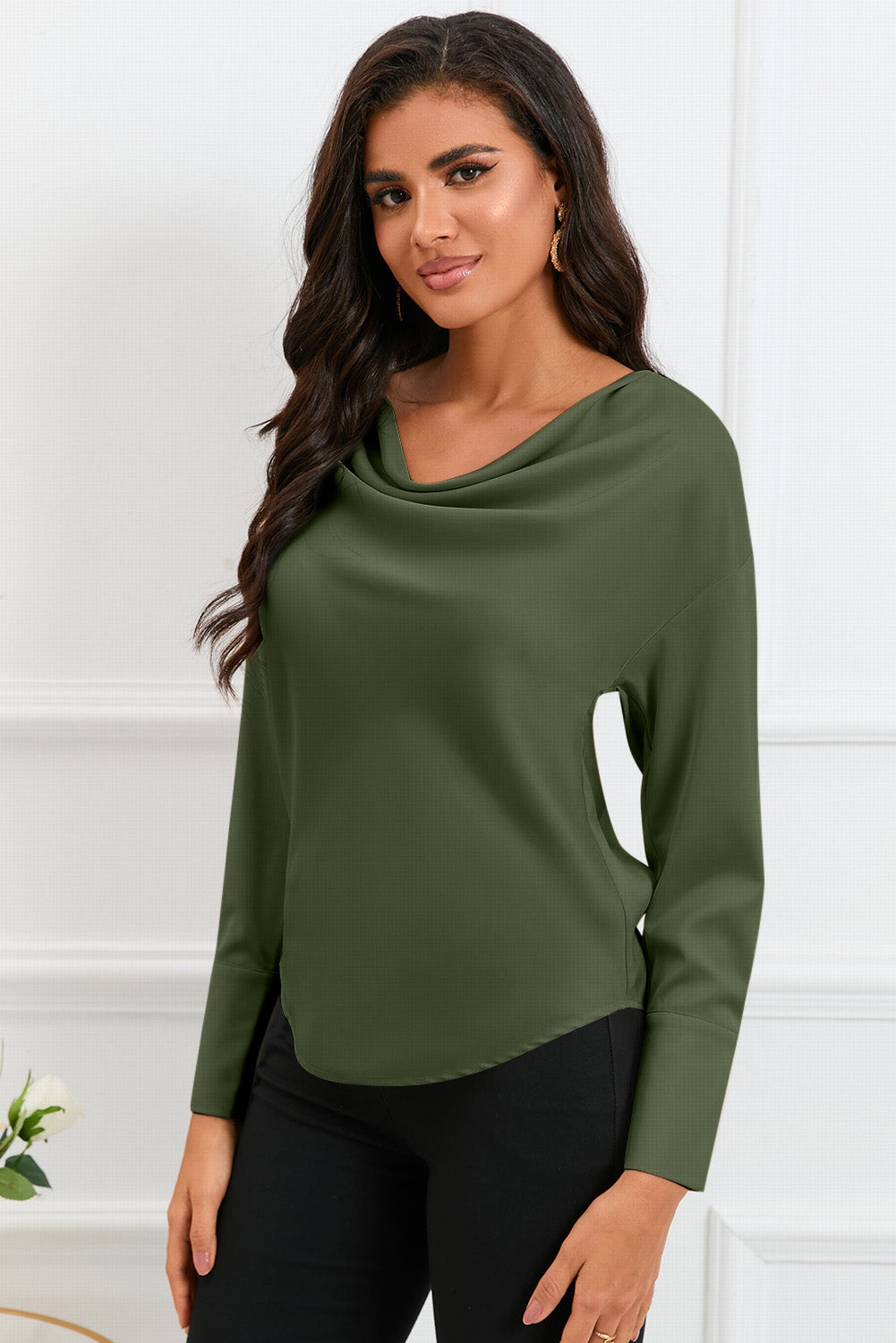 Green Cowl Neck Long Sleeve Elegant Blouse