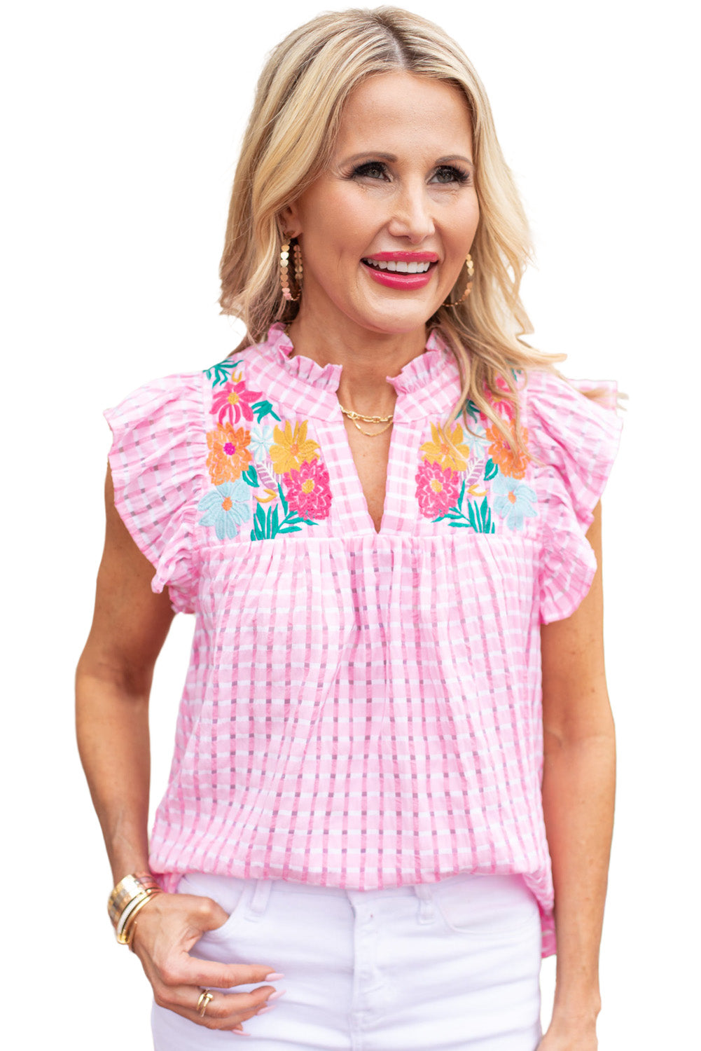 Pink Floral Embroidered Check Ruffle Flutter Sleeves Blouse