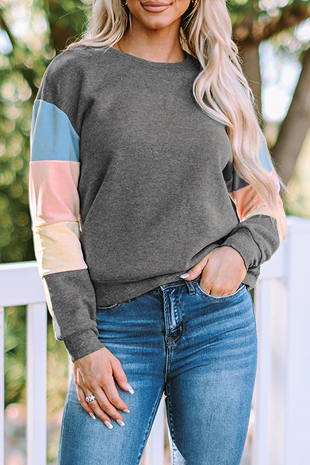 Blue Colorblock Long Sleeve Pullover Sweatshirt