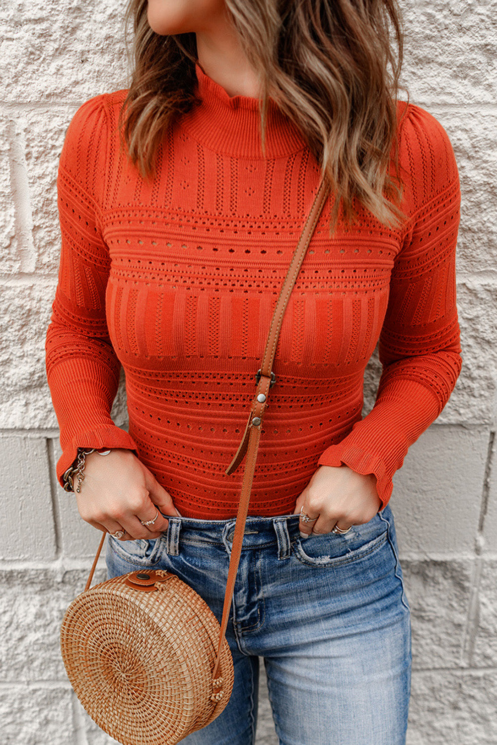 Red Crochet Hollowed Knit long Sleeve Pullover