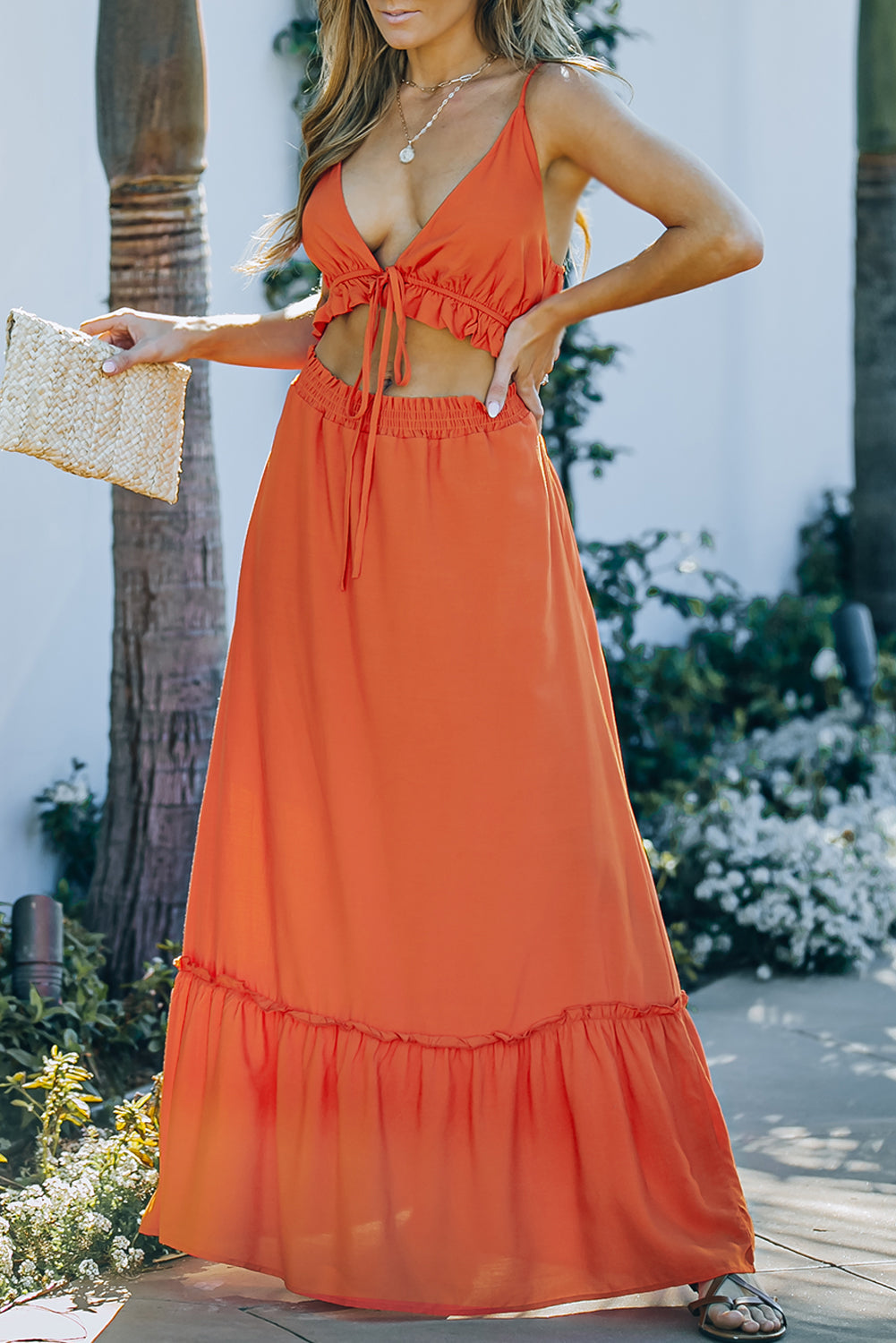 Orange Ruffled Cut-out Spaghetti Strap Sleeveless Long Dress