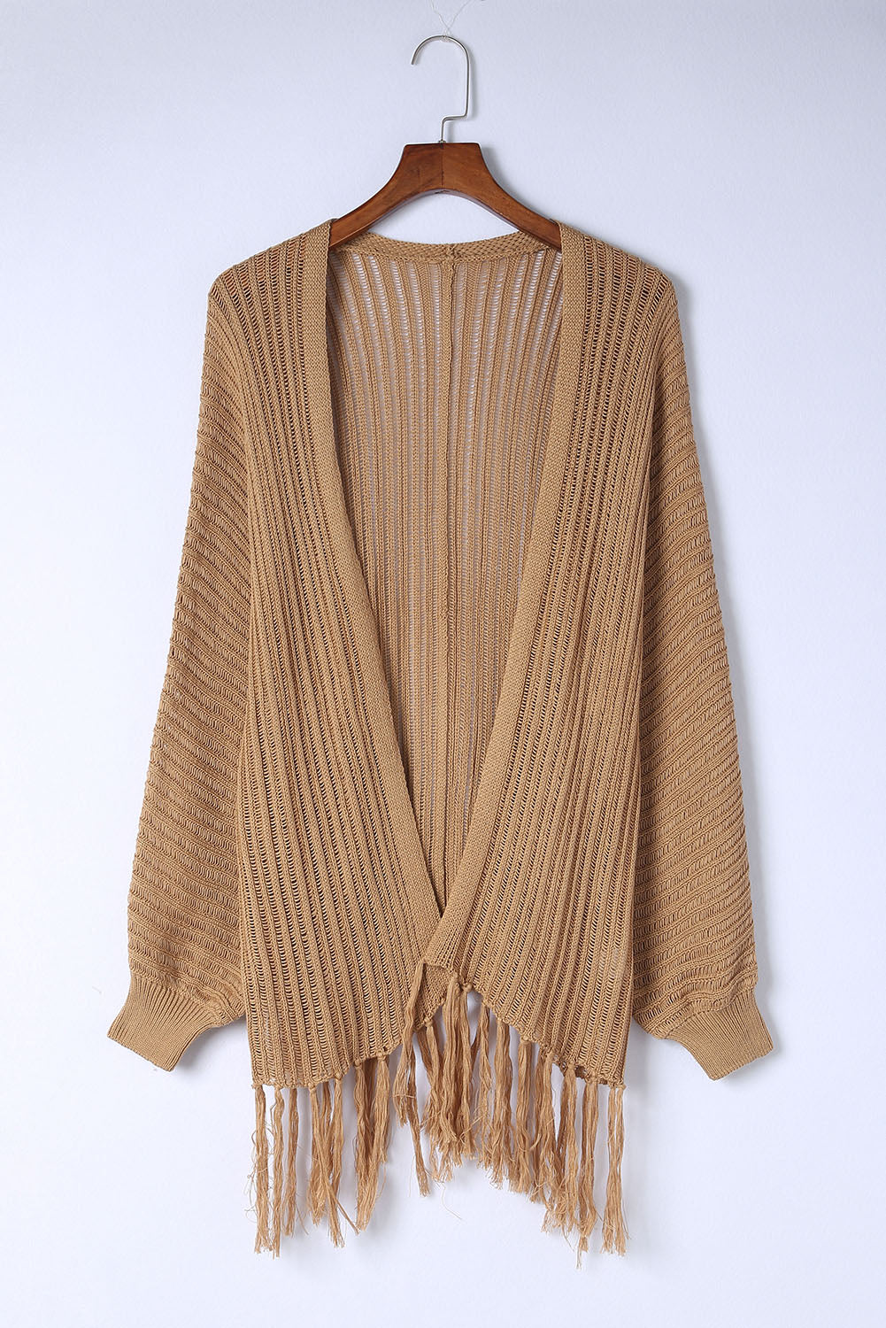 Khaki Fringe Open Front Knit Cardigan