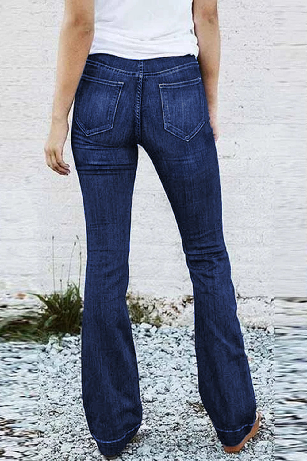 Blue High Rise Elastic Waist Flare Jeans