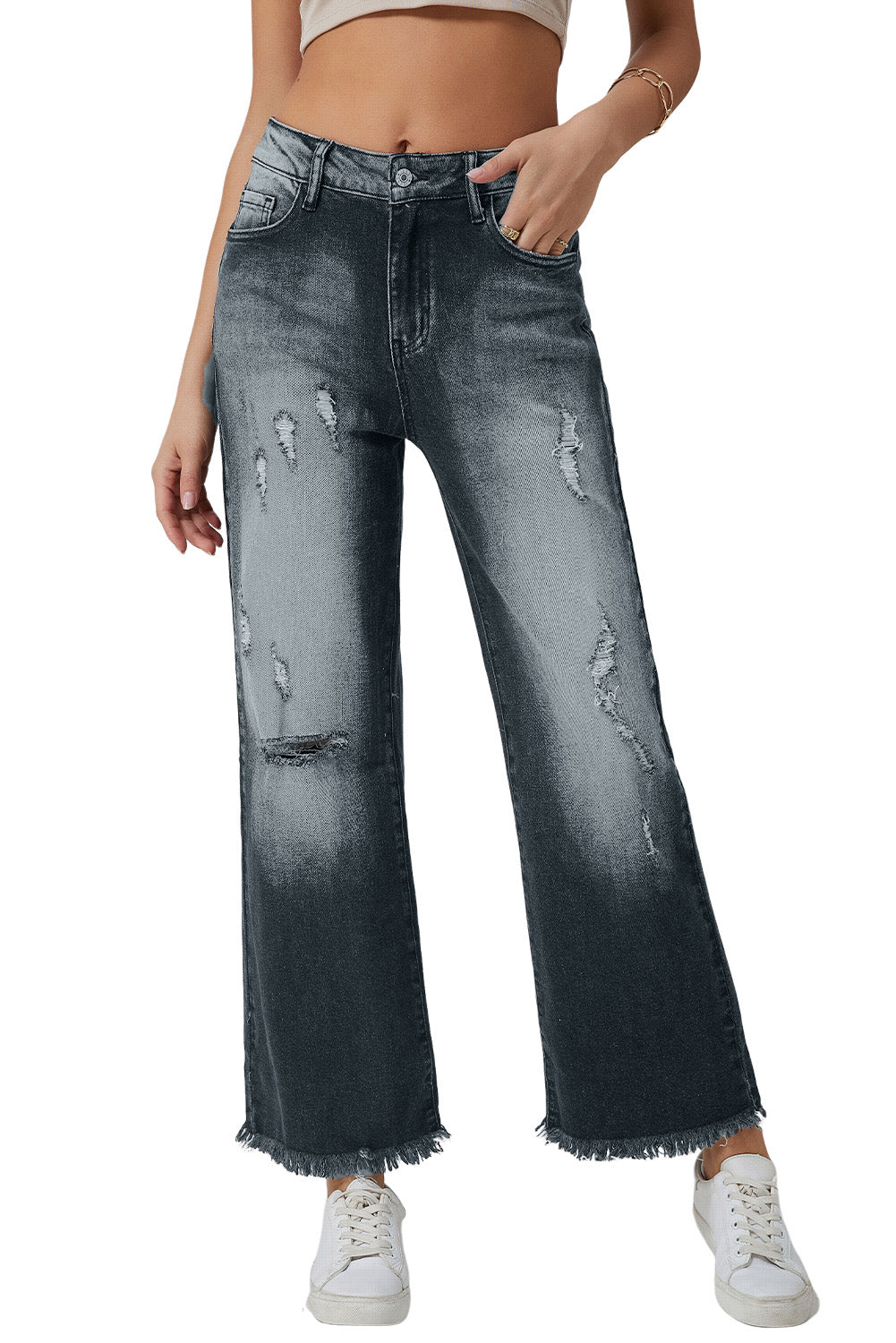 Gray Vintage Distressed Wide Leg Jeans