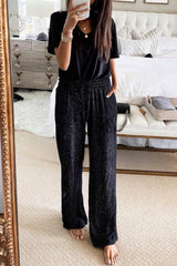 Black Metallic Drawstring High Waist Wide Leg Pants