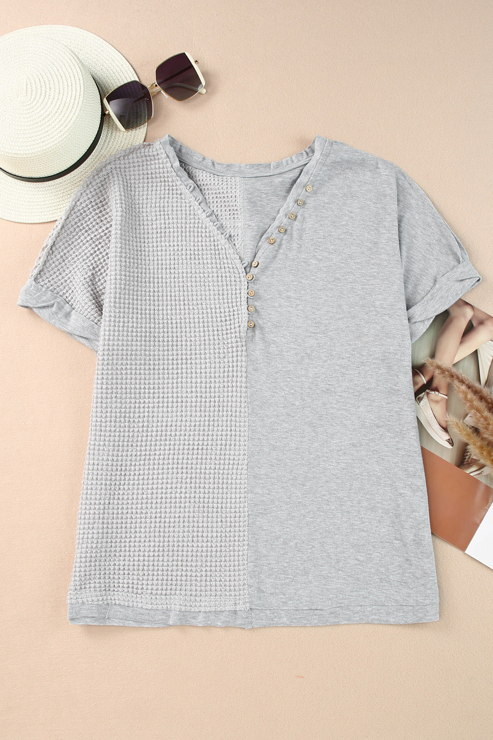 Gray Waffle Knit Patchwork Buttoned Short Sleeve Top