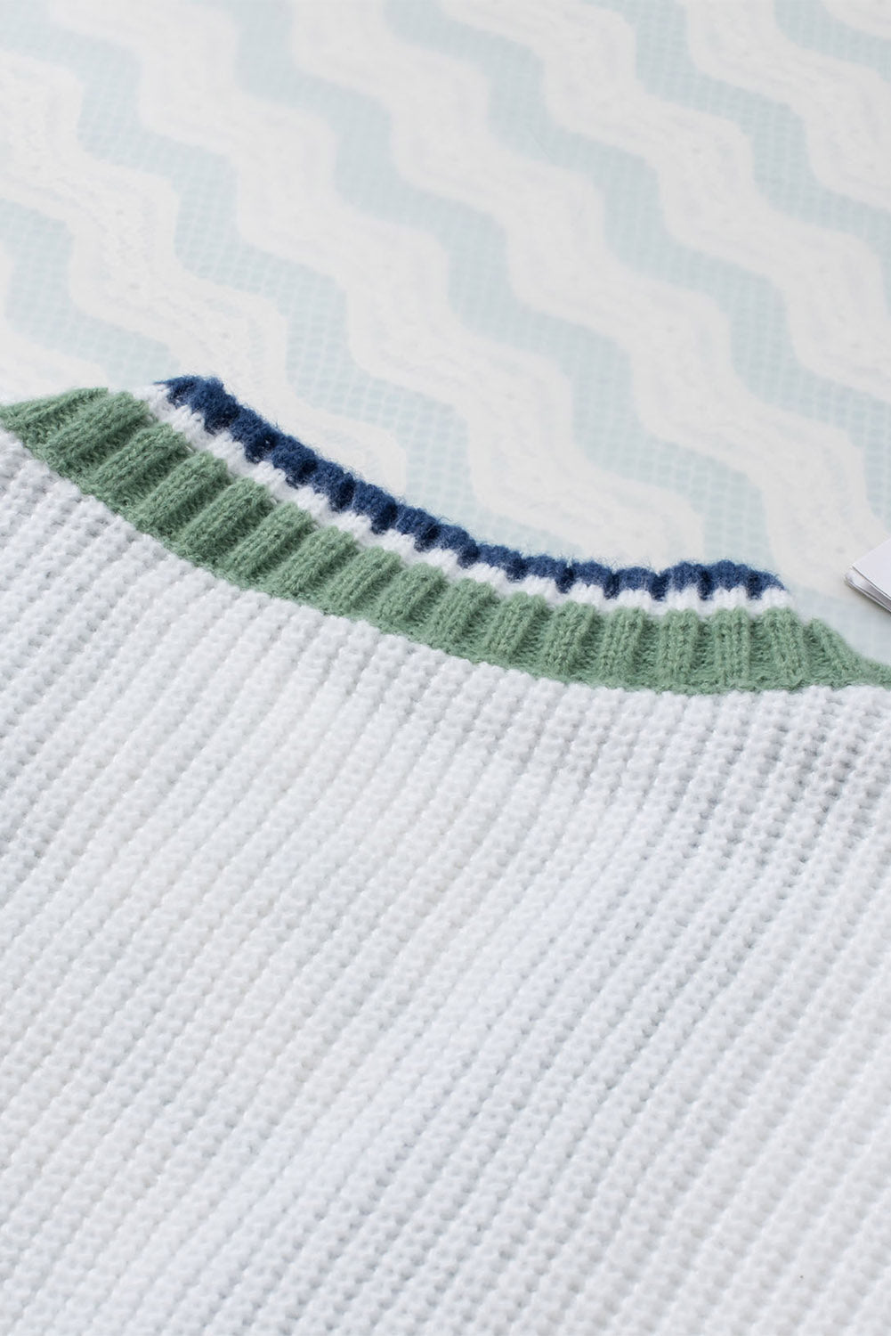 White Striped Buttoned Pocketed Drop Shoulder Sweater