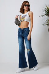 Blue Asymmetric Open Knee Distressed Flare Jeans