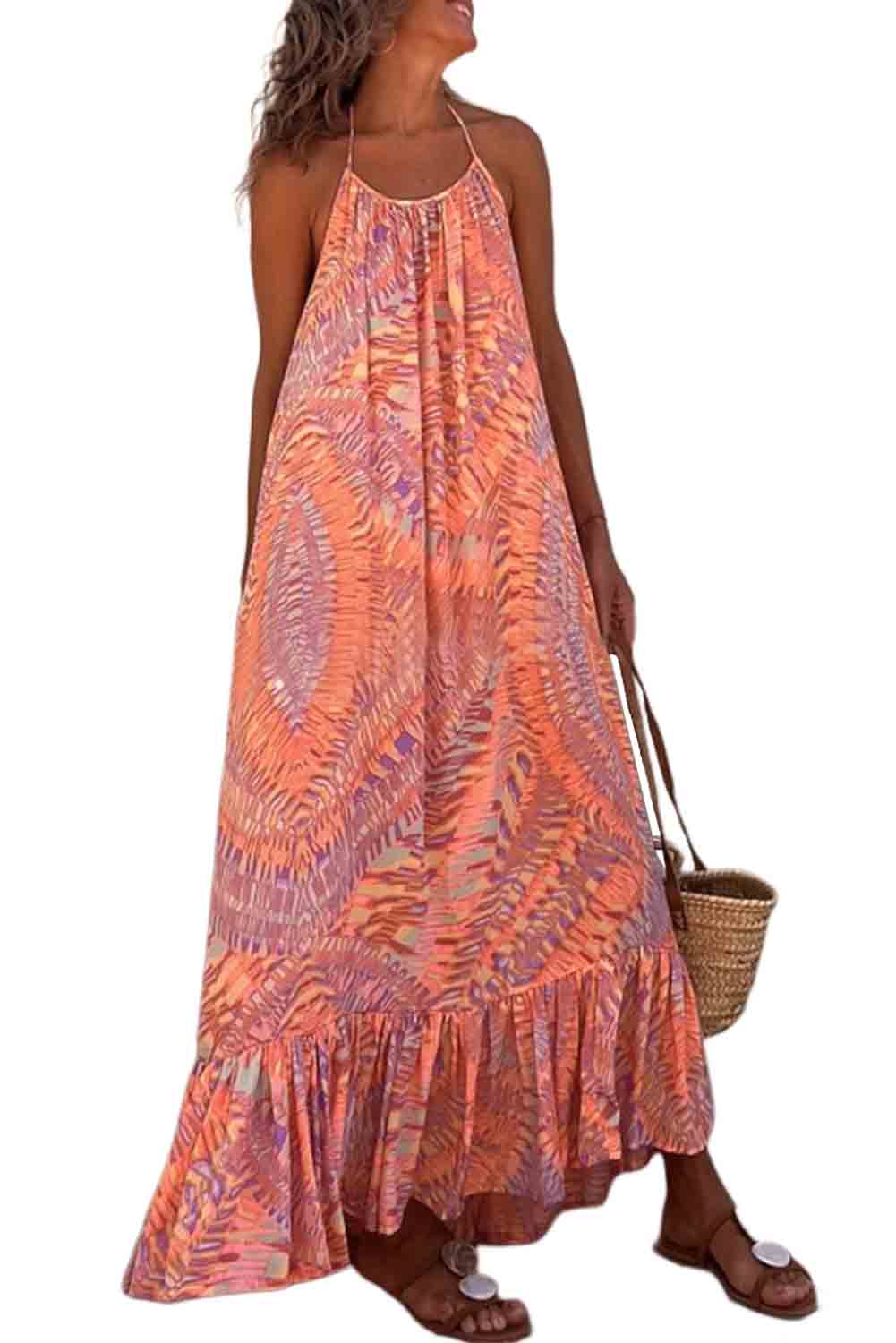 Orange Geometric Print Tassel Tie Halterneck Maxi Dress