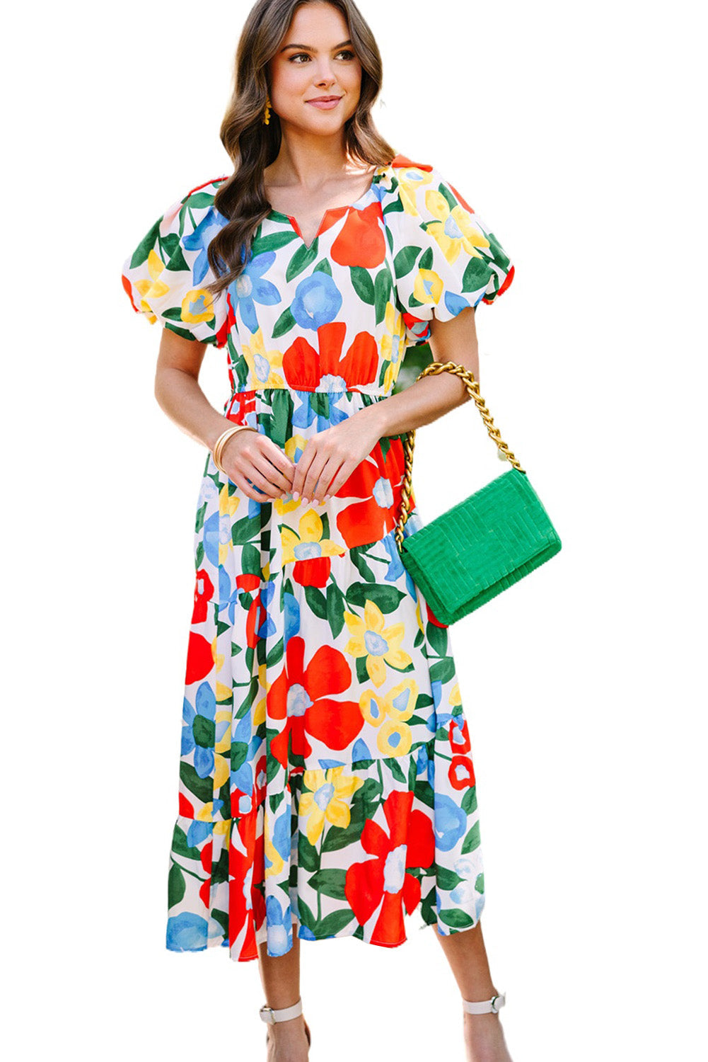 Multicolor Flutter Sleeve V Neck High Waist Floral Midi Dress