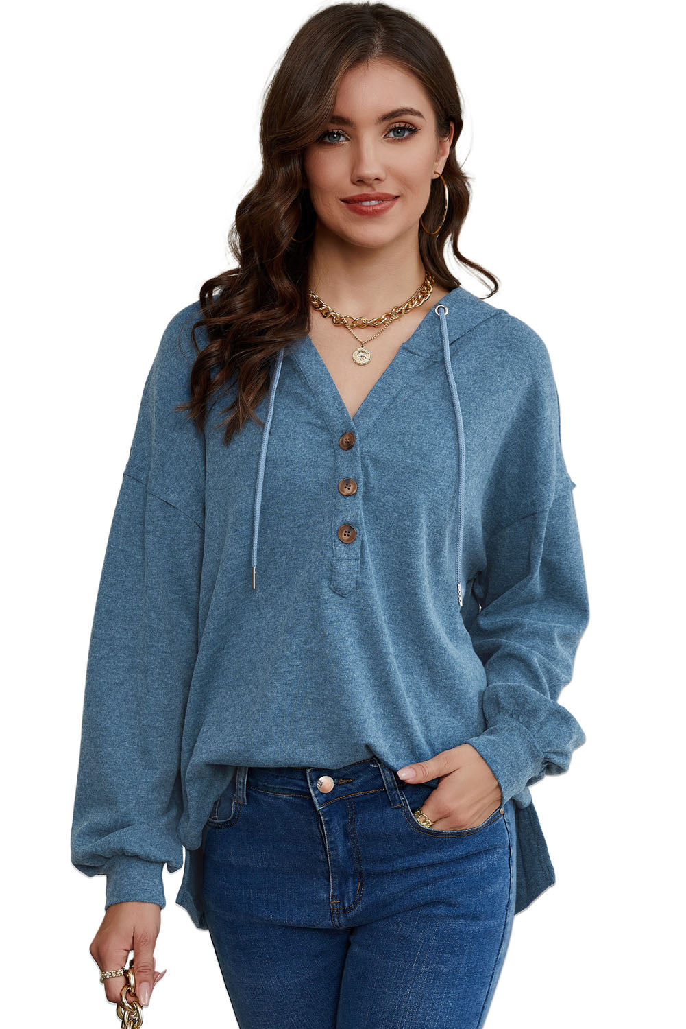 Buttoned High and Low Hem Hoodie