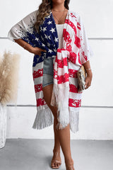 Multicolor Plus Size American Flag Tasseled 3/4 Sleeve Cardigan