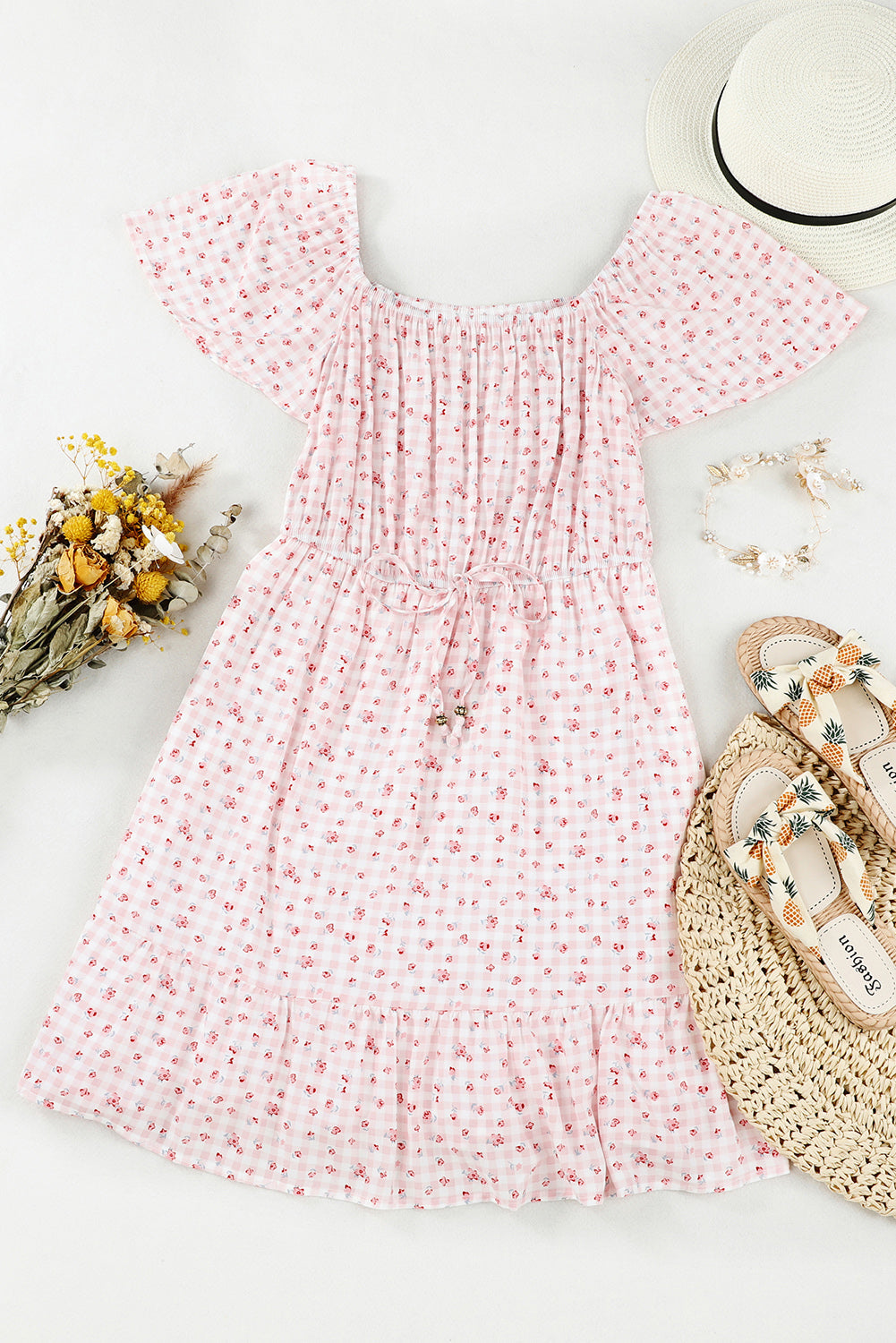 Pink Elastic Waist Ruffled Hem Floral Dress