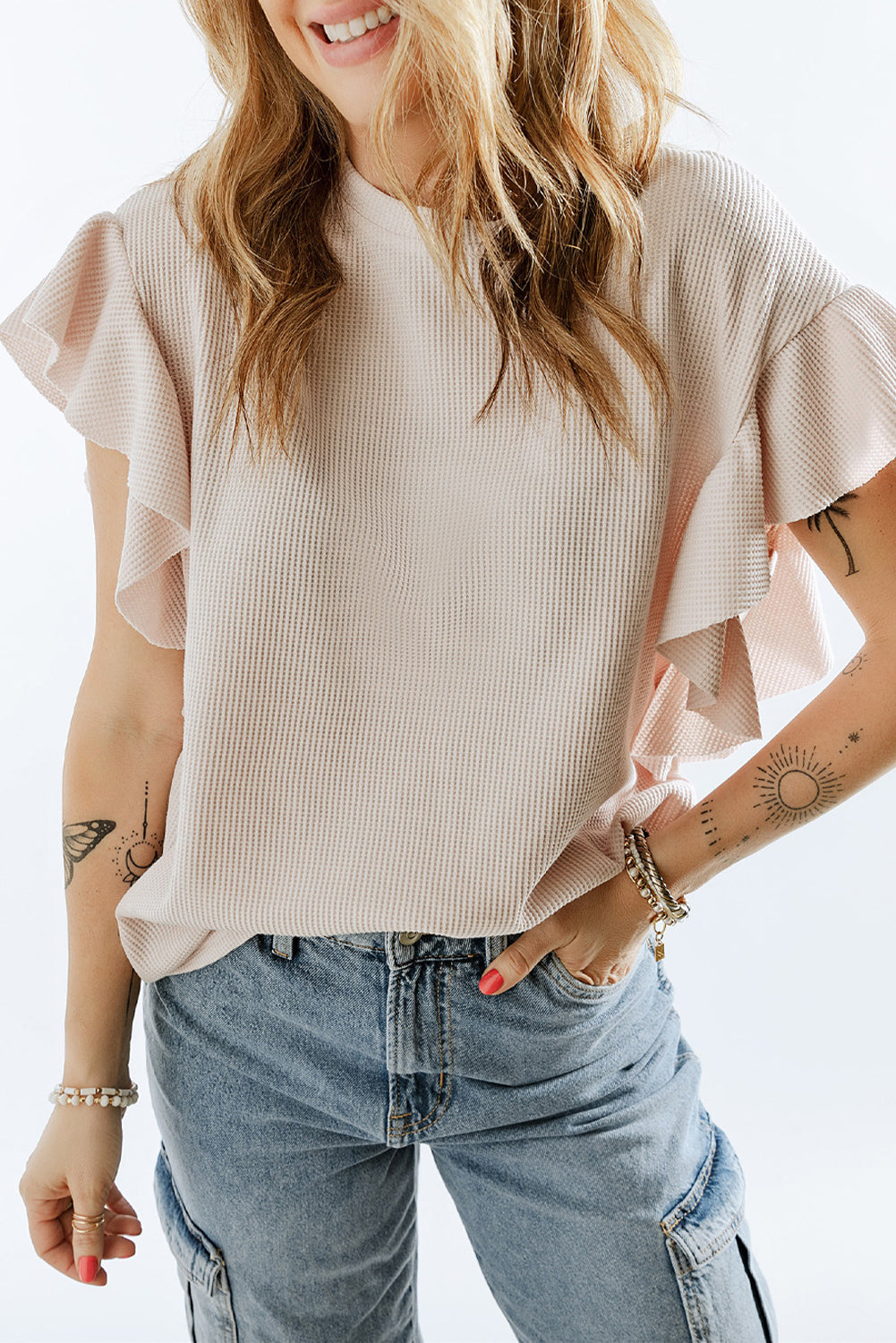 Pink Ruffle Sleeve Waffle Knit Top