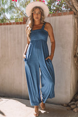 Blue Smocked High Waist Loose Wide Straps Jumpsuit