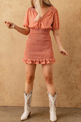 Red V Neck Printed Smocked Mini Dress