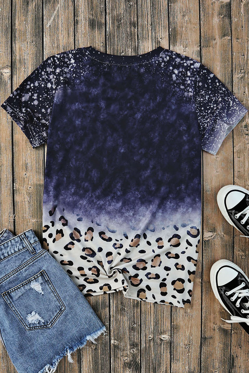 Blue Bleached Tie-dye Leopard Hem Tee