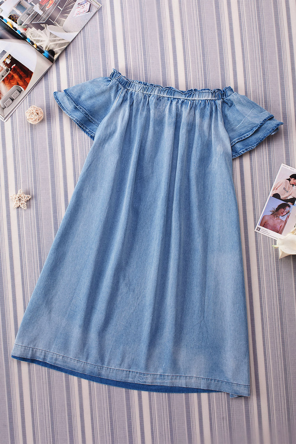 Sky Blue Off-shoulder Ruffle Sleeves Chambray Dress