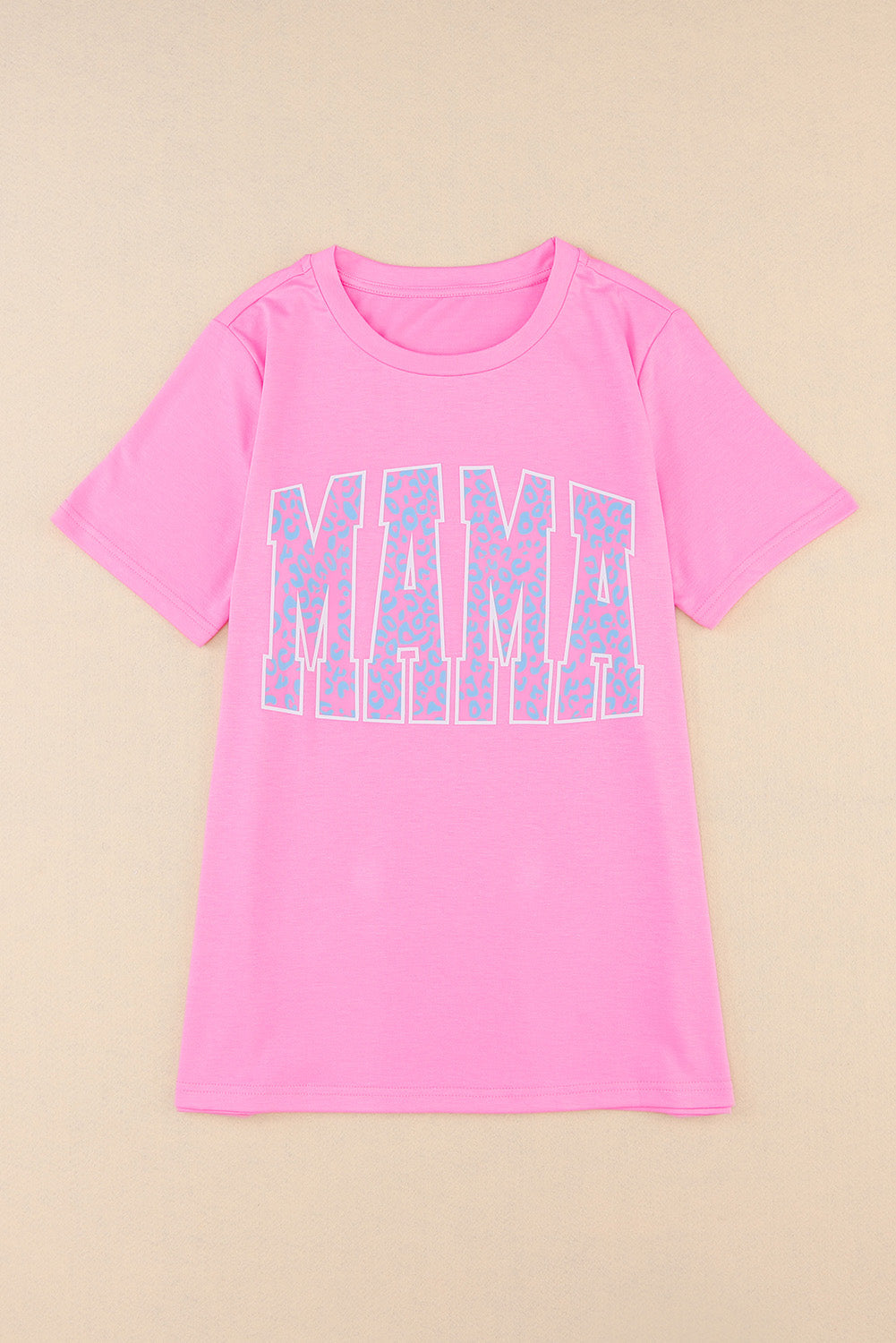 Pink MAMA Leopard Print O-neck Graphic T Shirt