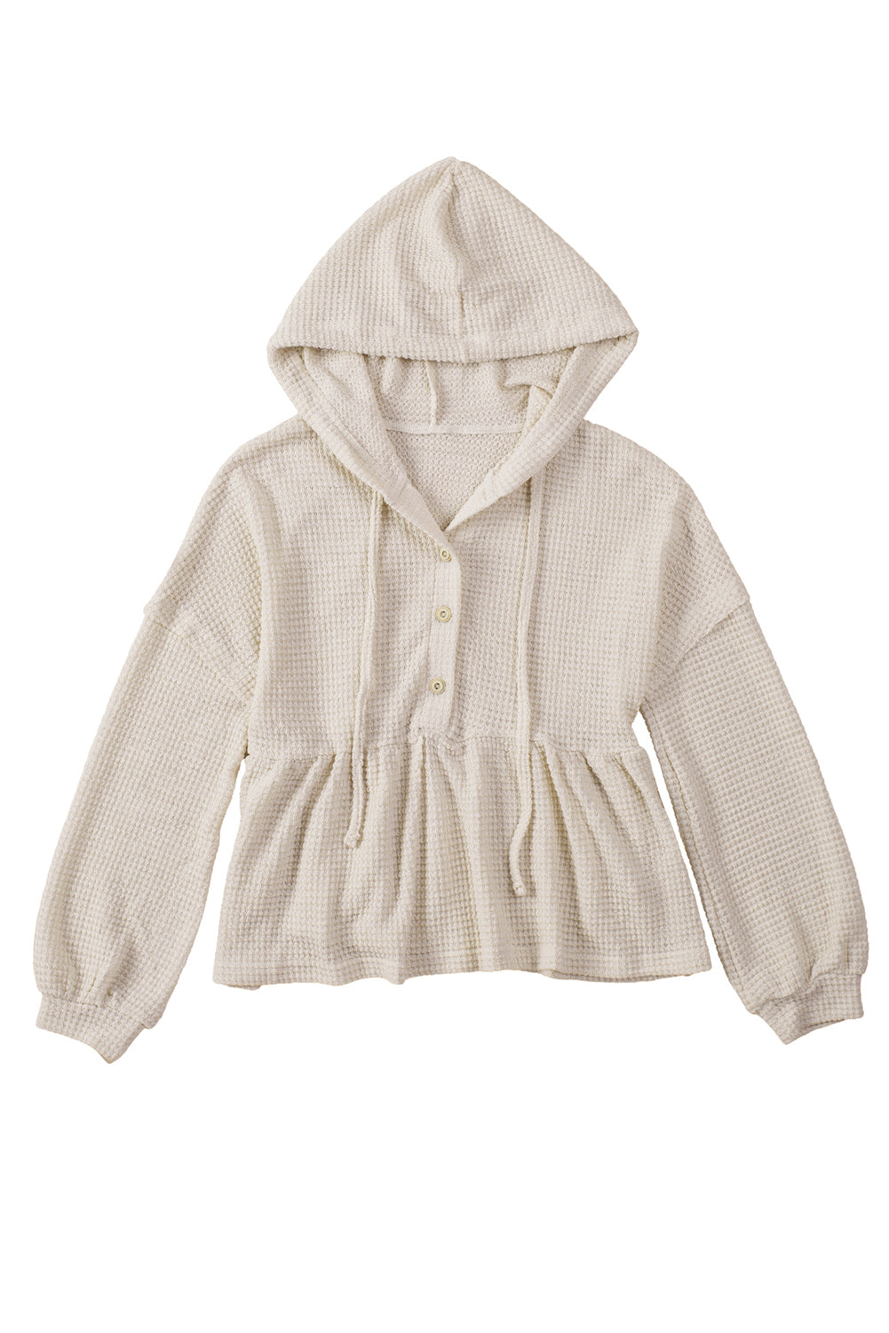 Apricot Waffle Knit Buttons Ruffled Hooded Top