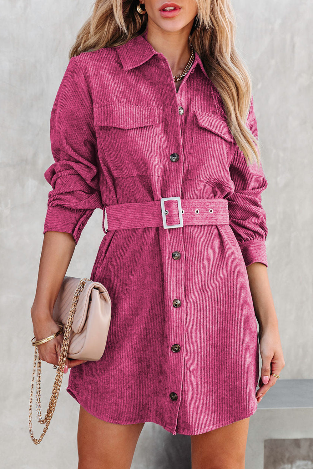 Rose Corduroy Long Sleeve Button up Shirt Dress with Belt