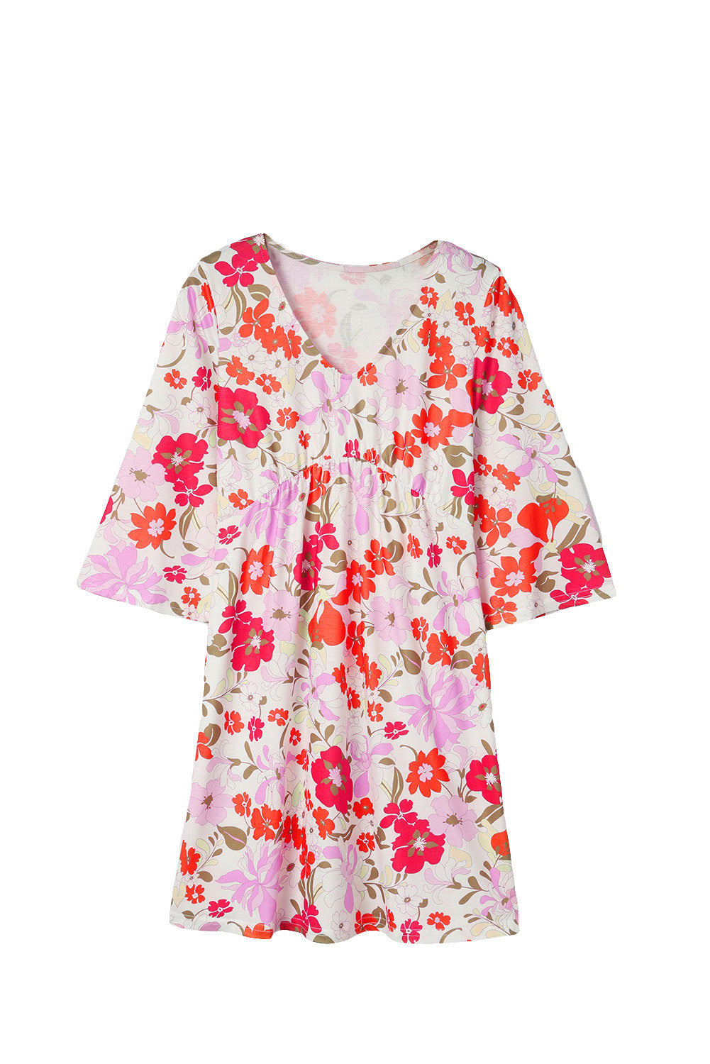 White V Neck 3/4 Sleeve Floral Dress