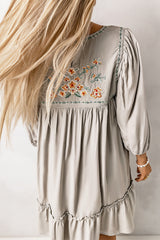 Gray Floral Embroidered Long Sleeve Babydoll Mini Dress