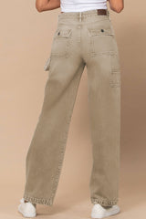 Khaki High Waist Flap Pocket Wide-Leg Jeans