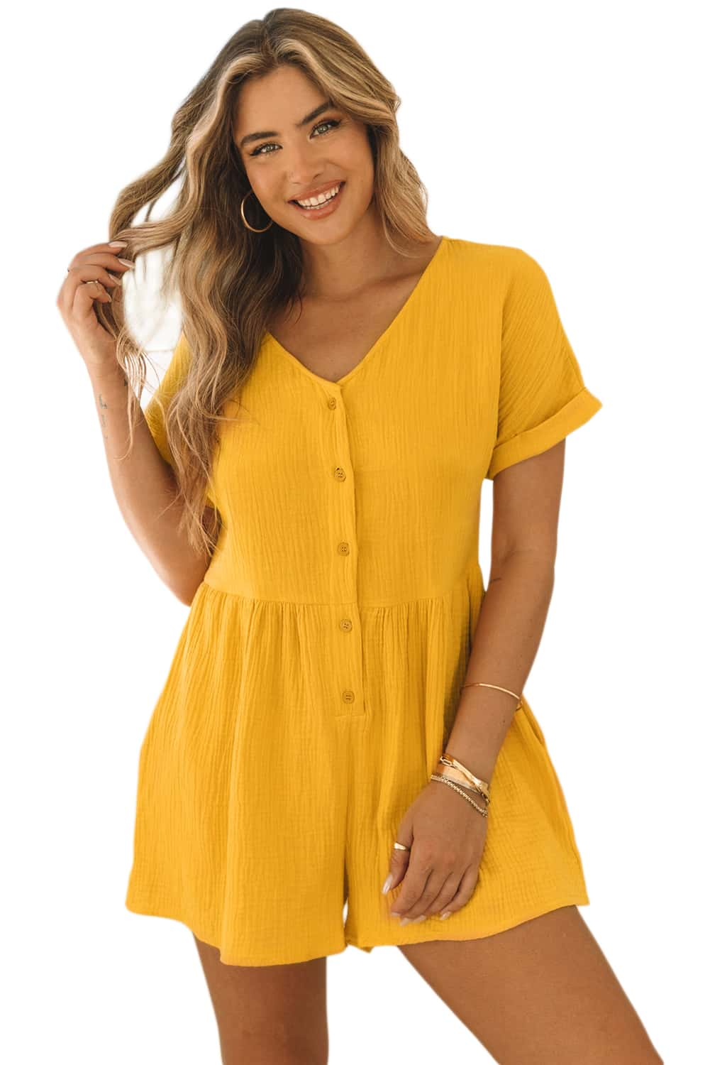 Yellow Button V Neck Crinkle Pocketed Romper