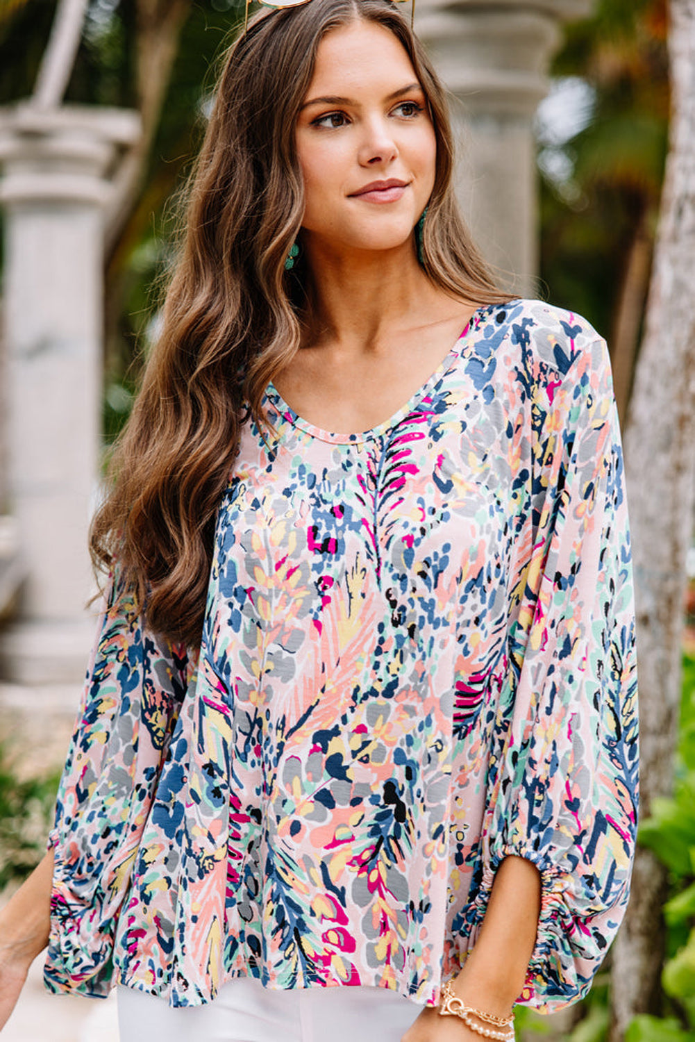 Pink Floral Print Ruffle Sleeve Babydoll Top