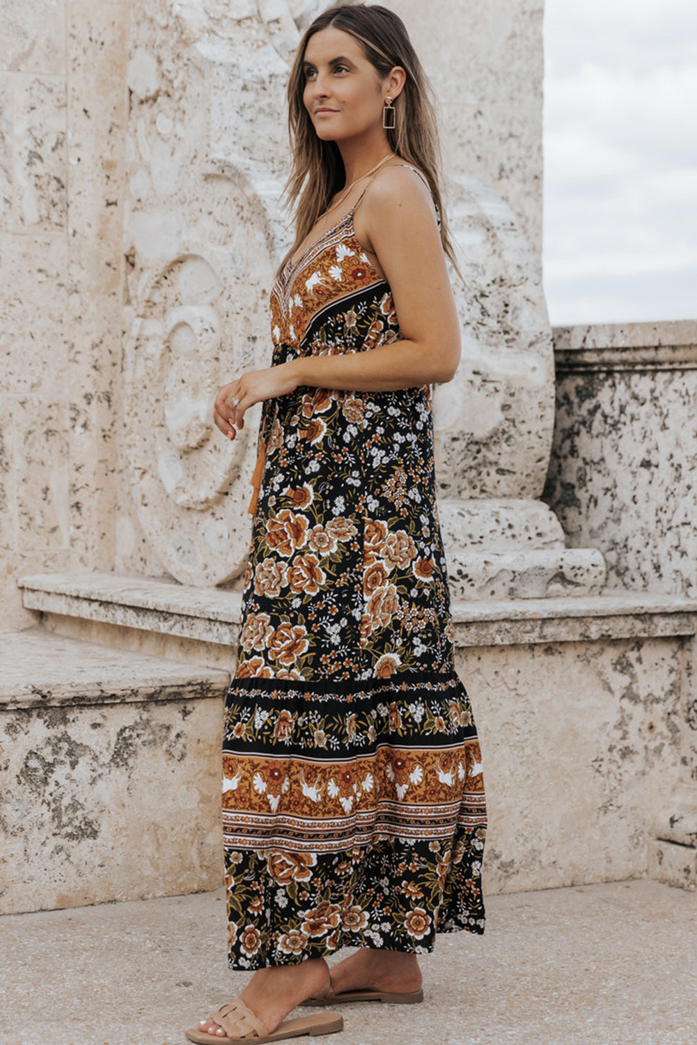 Black Retro Boho Floral Tassel Tie Maxi Dress