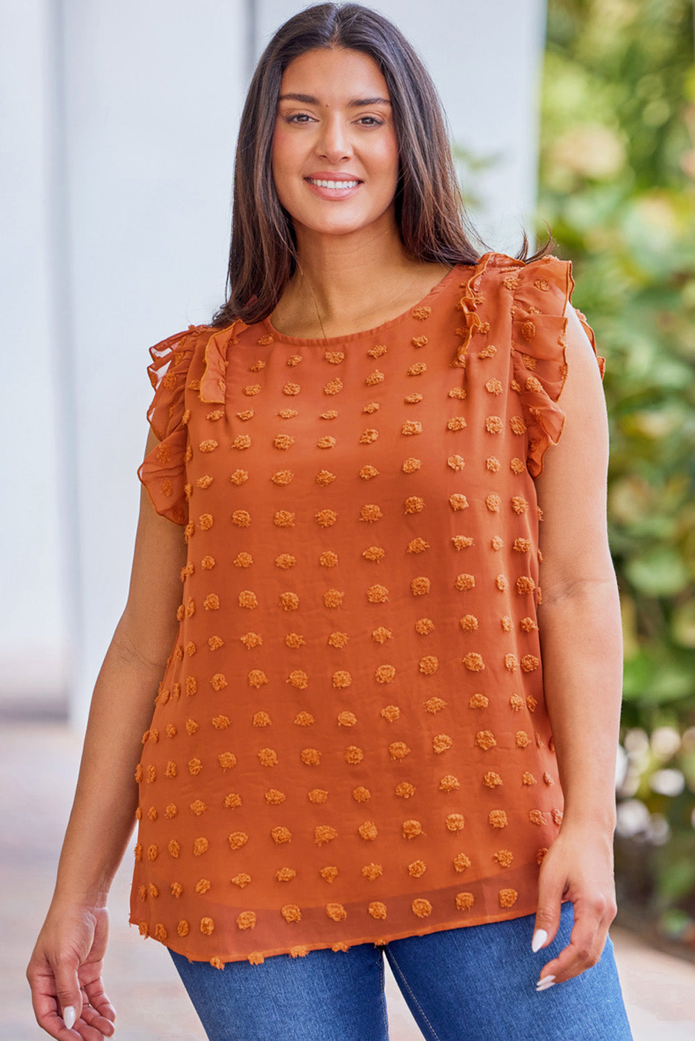 Orange Sheer Ruffle Detail Swiss Dot Curvy Tank Top