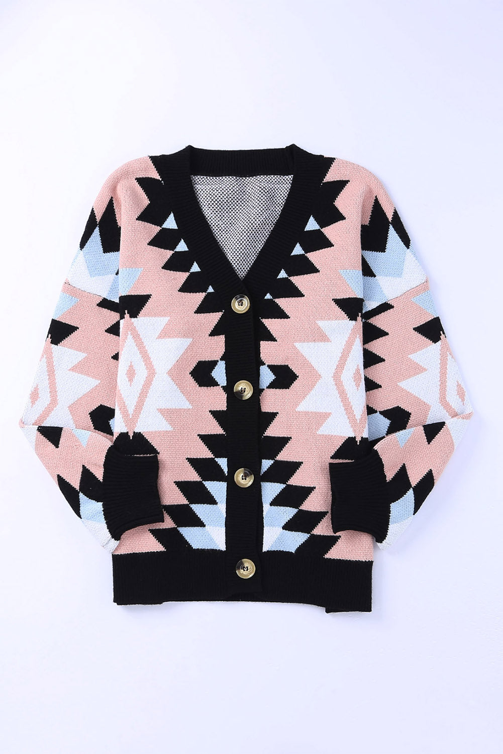 Pink Oversized Aztec Buttons Front Cardigan