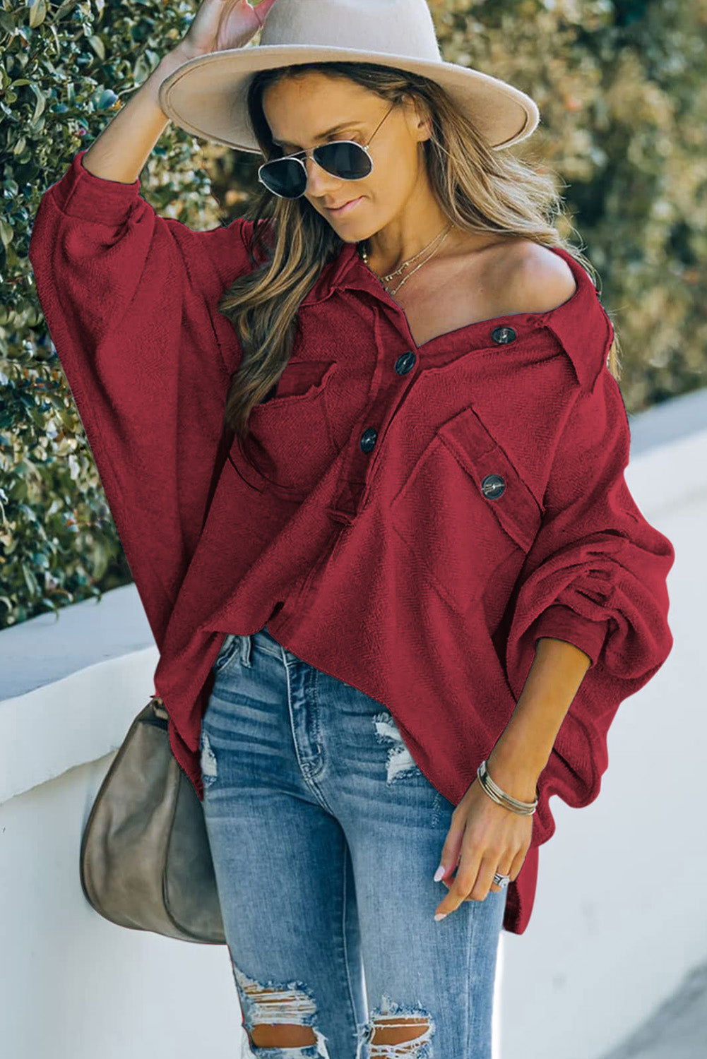 Black Polo Collar Buttoned Patchy Top with Pockets