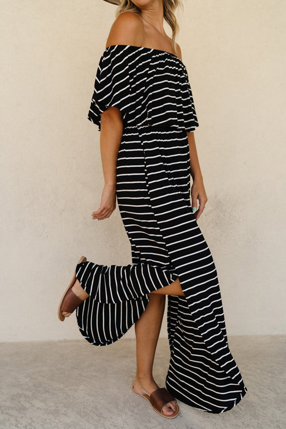 Blue Striped Print Ruffled High Waist Maxi Dress with Side Splits