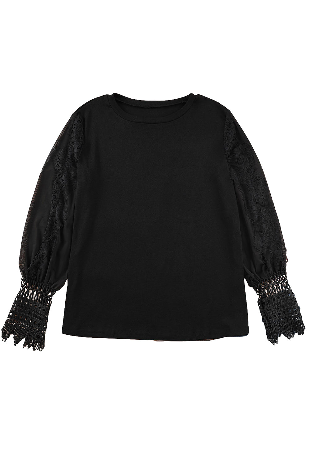Black Sheer Lace Mesh Bishop Sleeve Top