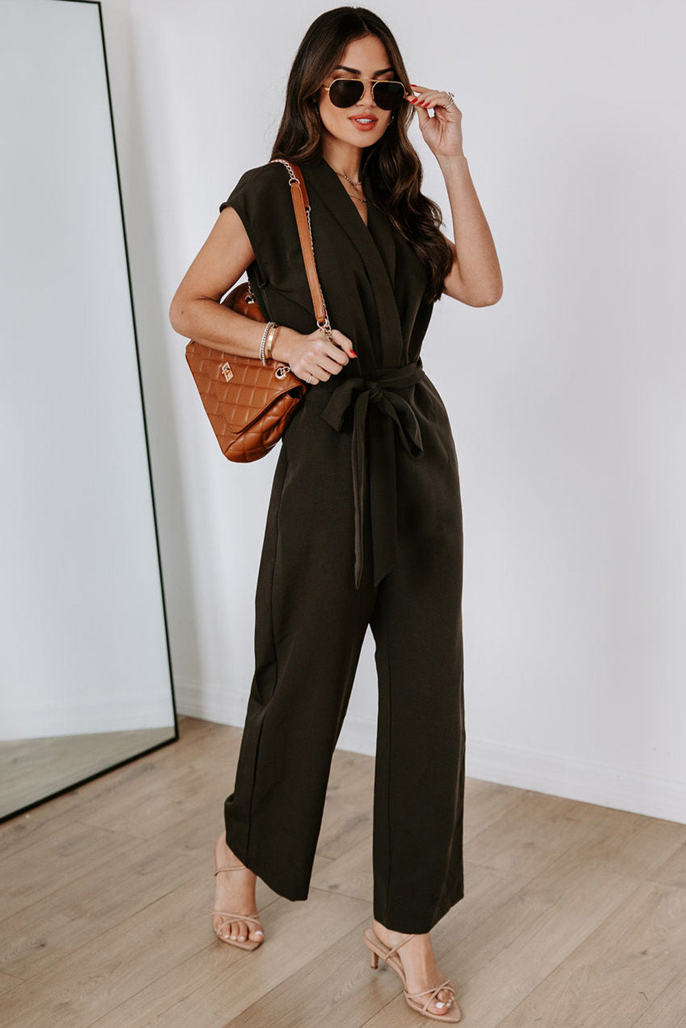 Black V Neck Pocketed Tie Waist Wide Leg Jumpsuit