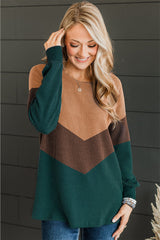 Blackish Green Color Block Corded Texture Long Sleeve Top