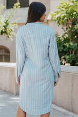 Sky Blue Striped Shirt Midi Dress with Sash