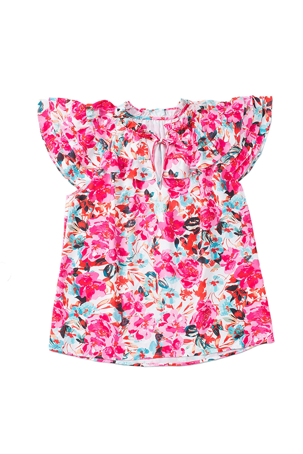 Rose Ruffle Flutter Sleeve Floral Print Blouse