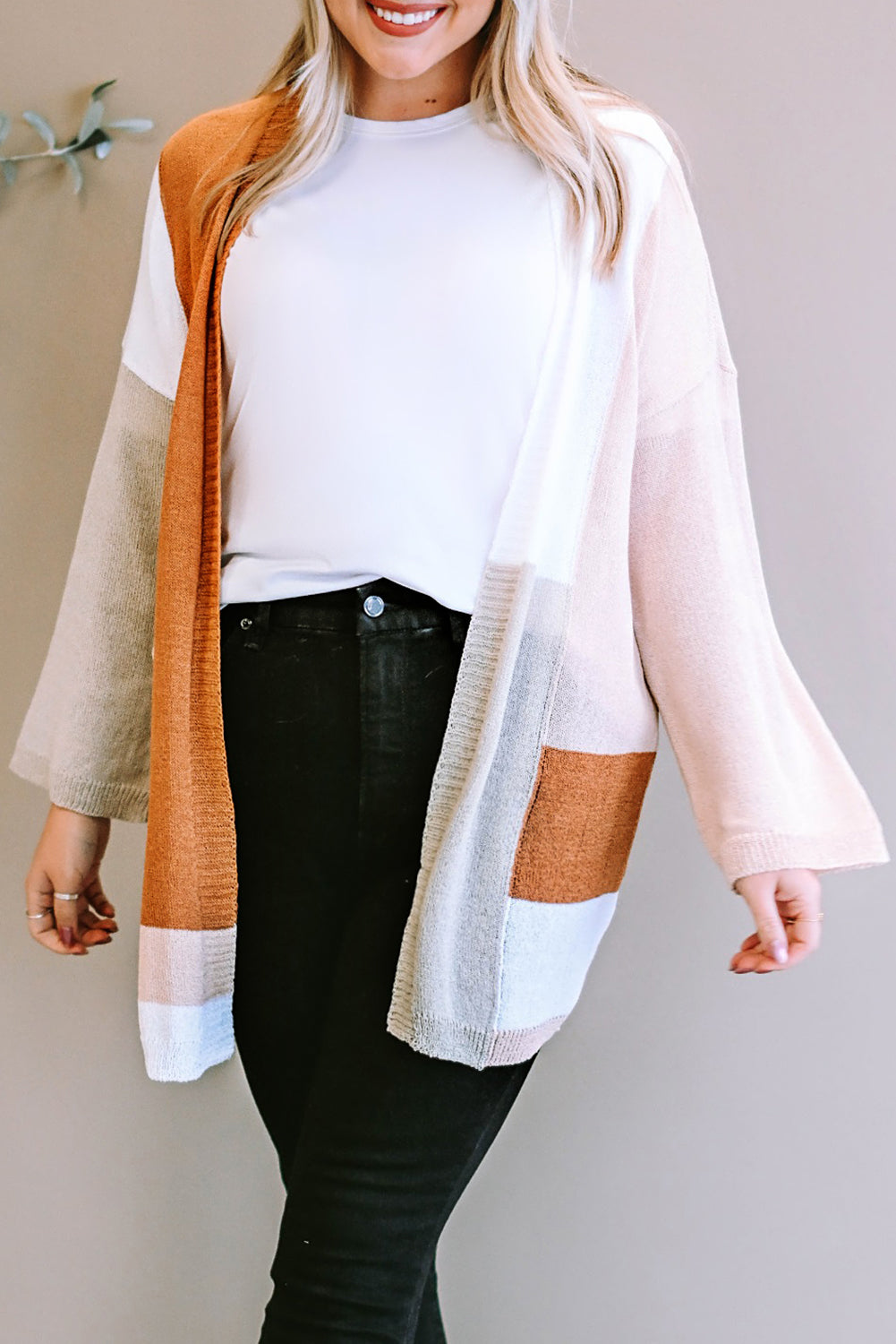 White Color Block Knit Plus Size Lightweight Cardigan