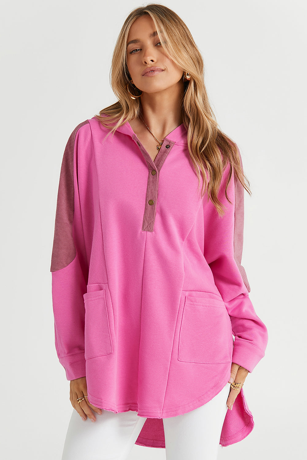 Rose Patchwork Side Pockets Oversized Henley Hoodie